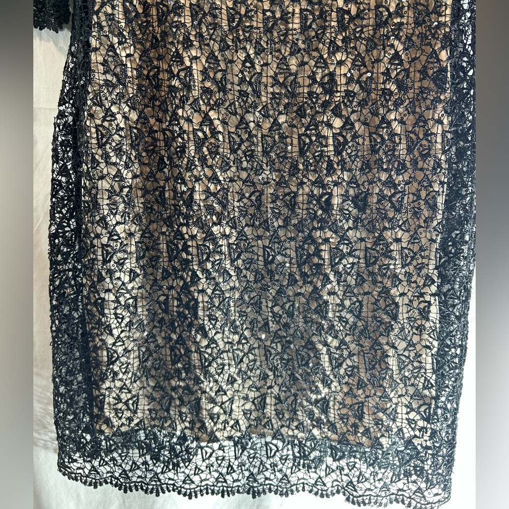 Kay Unger Black and Beige Cocktail Dress Black Lace/Tiny Sequins Size 10 - Picture 4 of 13